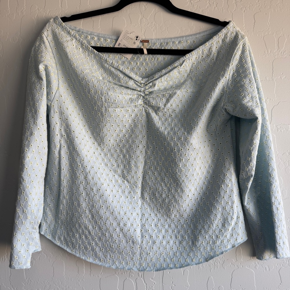 NWT Free People Gia Eyelet Top Shirt L Ice Water Blue OB2158816 Ruched Boat Neck